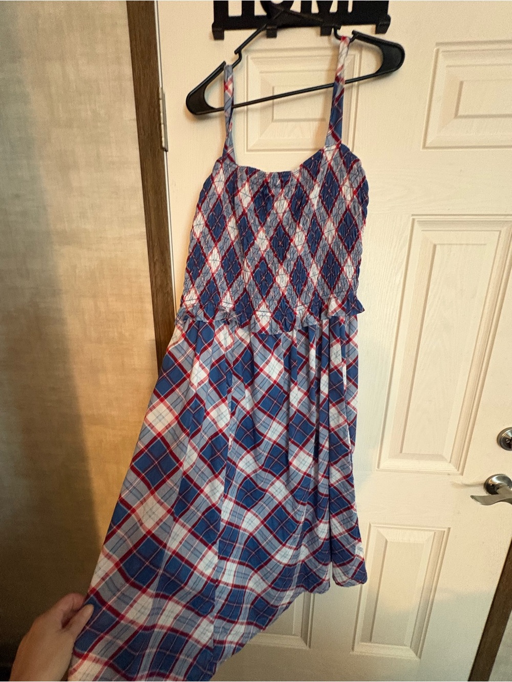 Womenโs Blue Red Plaid Sundress with Smocked Bodice